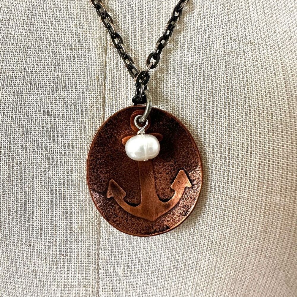Copper anchor pendant neckace with pearl